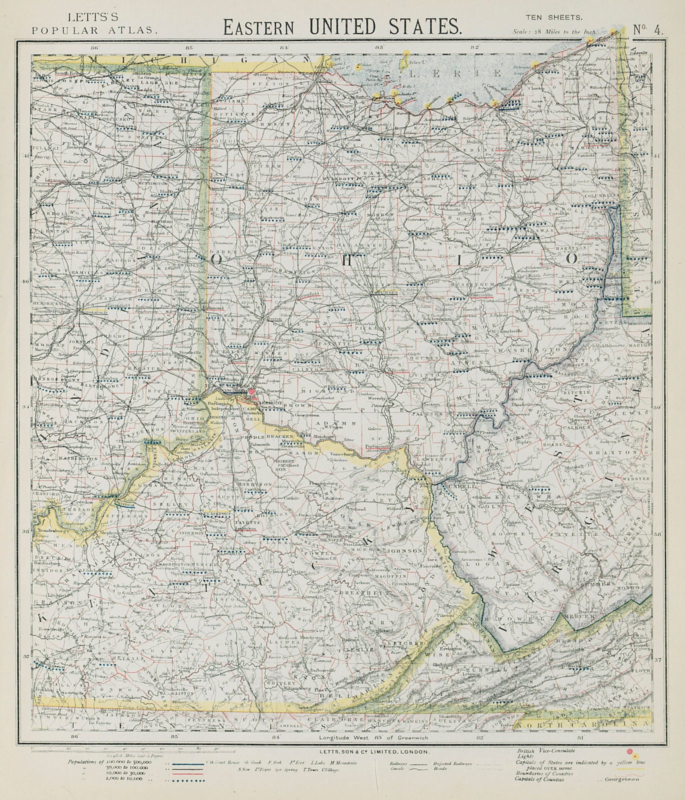 APPALACHIA. Ohio & parts of Kentucky Virginia Indiana. Railroads. LETTS 1884 map